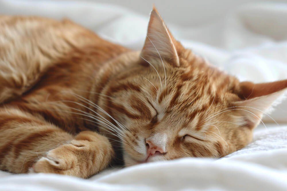 A cat with his eyes closed sleeping on a white blanket