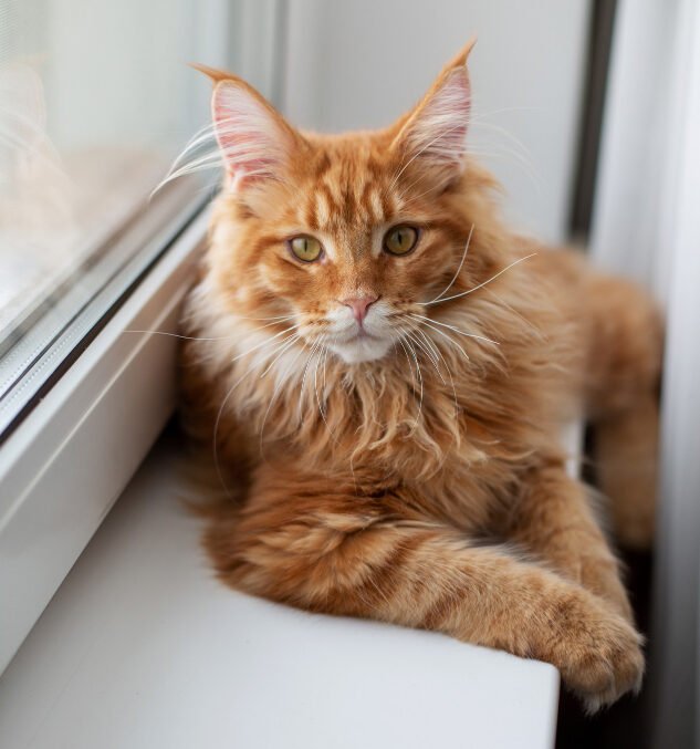 Adorable red tabby maine coon kitten sitting on a window sill