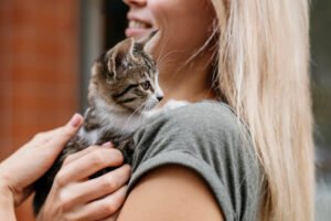 Blonde woman holding cute little cat
